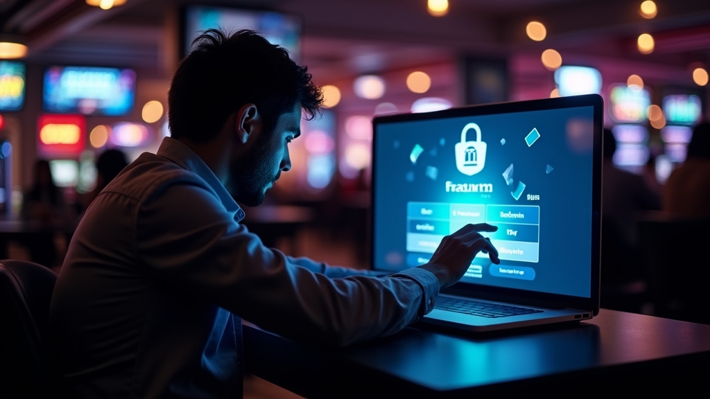 Utilisateur devant un écran de connexion Pampago dans une ambiance de casino sombre